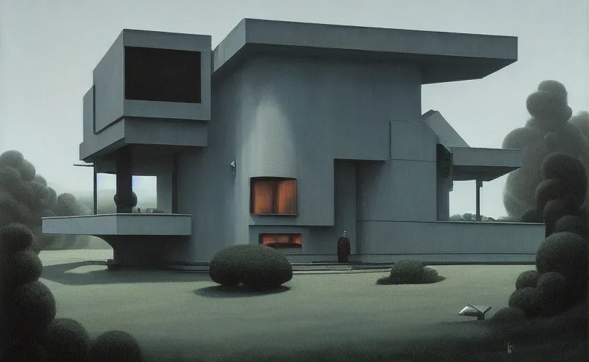 Prompt: An Exterior wide angle shot of a cyberpunk futuristic modern architecture house, Edward Hopper and James Gilleard, Zdzislaw Beksinski, Mark Ryden, Wolfgang Lettl highly detailed, hints of Yayoi Kasuma