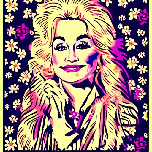 Image similar to young Dolly Parton, retro graphic design, hippie, floral