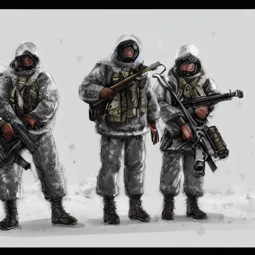 Prompt: multiple soldiers wearing arctic clothing, riot gear, in snow storm, invading village, apocalyptic, artstation
