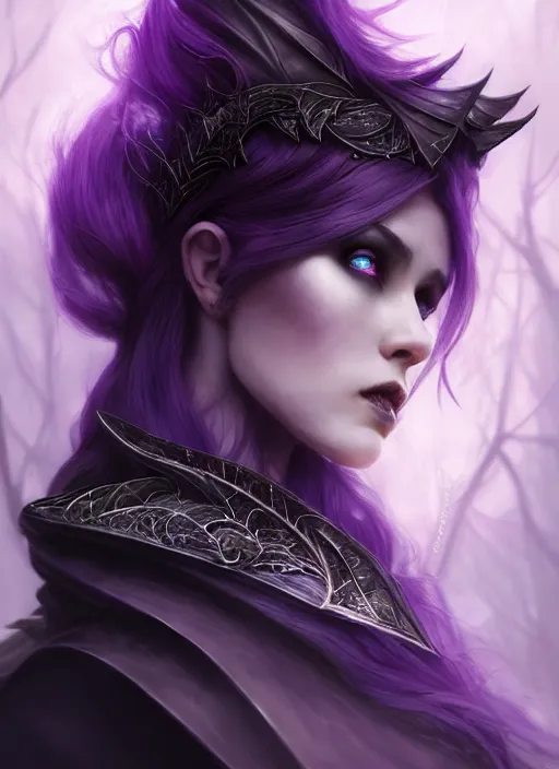 Prompt: side portrait Melanie Strohmaier as dark witch, adventurer outfit large cloak, fantasy forest landscape, dragon scales, fantasy magic, undercut hairstyle, short purple black fade hair, dark light night, intricate, elegant, sharp focus, illustration, highly detailed, digital painting, concept art, matte, art by WLOP and Artgerm and Greg Rutkowski and Alphonse Mucha, masterpiece