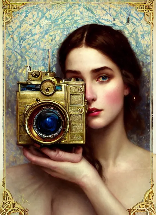 Prompt: hyper realistic photographer looking through a vintage camera, design on white background, beautiful details, lush foliage, gold, drawn by john singer sargent, tom bagshaw, norman rockwell, alphonso mucha, lolish, trending on artstation