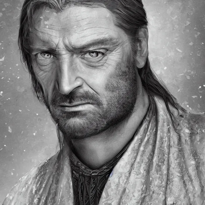 Image similar to professional photographic portrait of eddard stark as machiavelli in a venice bank, renaissance style, fine art piece, incredible detail, vray rendering, high octane,