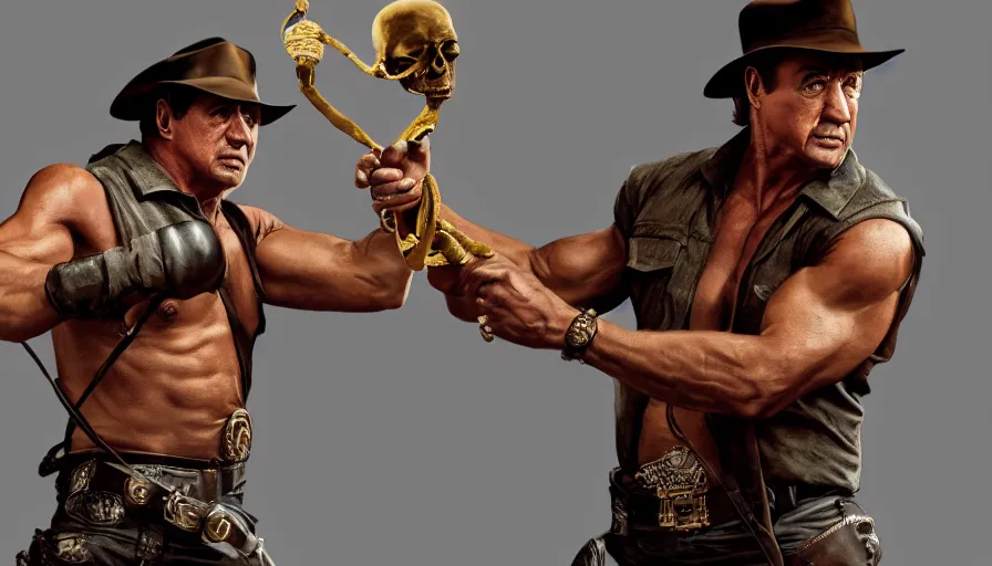 Image similar to sylvester stallone as indiana jones holding a whip in left hand and holding a golden mayan skull in the right hand, grey background, hyperdetailed, artstation, cgsociety, 8 k