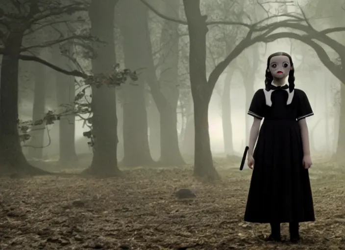 Image similar to film still of wednesday addams in the new scifi movie, 4 k