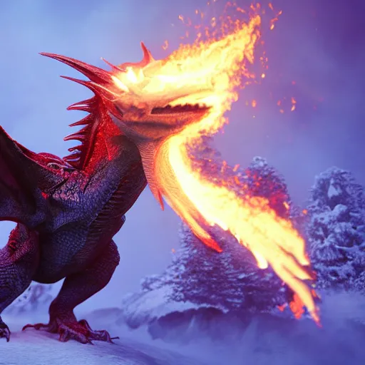 Prompt: perfectly accurate cobalt colored dragon from game of thrones breathing fire in winter, fine detail, lifelike, photo, high resolution, octane render, post processing, after effects, trending on artstation