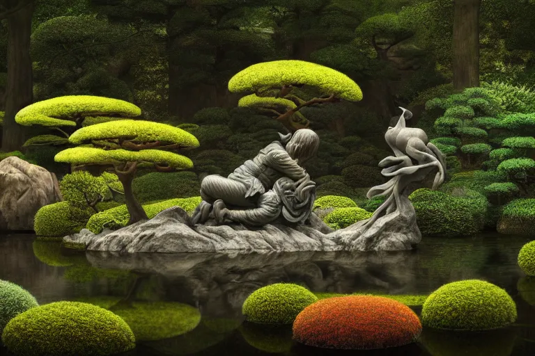 Prompt: beautiful sculptures in a serene japanese garden, part by michaelangelo, part by james jean, part by ross tran, part by jacek yerka, part by leslie zhang, surreal, highly detailed, beautiful detailed intricate insanely detailed octane render trending on artstation, 8 k artistic photography, photorealistic, volumetric cinematic light, chiaroscuro