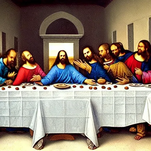 Image similar to the cast of What we do in the shadows in the painting of the last supper by leonard da vinci