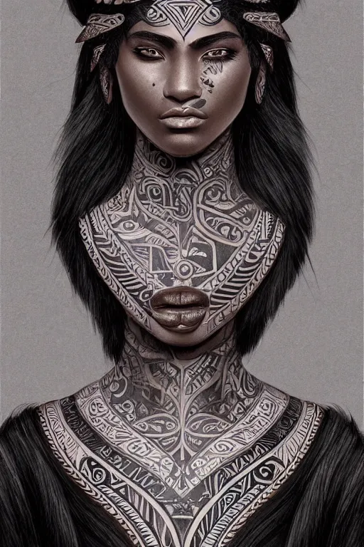 Prompt: A bust of a beautiful dark skinned Maori girl with tribal Maori tattoos and smooth eyebrows and straight hair, HD, illustration, epic, fantasy, intricate, elegant, amazing detail, digital painting, artstation, concept art, smooth, sharp focus, illustration, art by Turine Tran