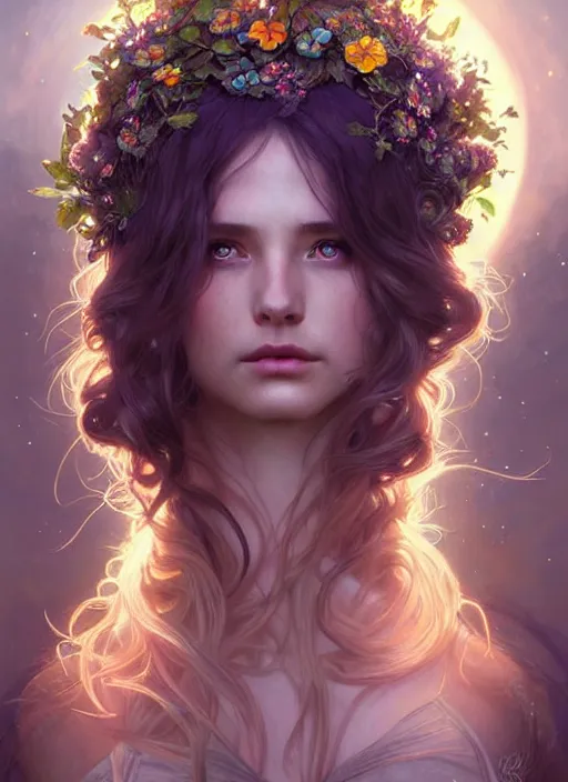 Image similar to a beautiful cinematic female druid goddess, flower Crown, galatic shamen with Quantum energy fantasy, fantasy magic, undercut hairstyle, dark light night, intricate, elegant, sharp focus, illustration, highly detailed, digital painting, concept art, matte, art by WLOP and Artgerm and Greg Rutkowski and Alphonse Mucha, masterpiece