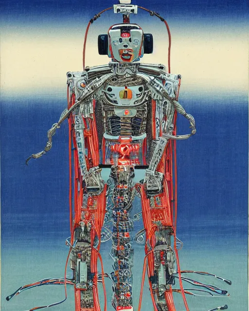 Image similar to Hiroshige portrait of a robot saint made of cables and robotic pod