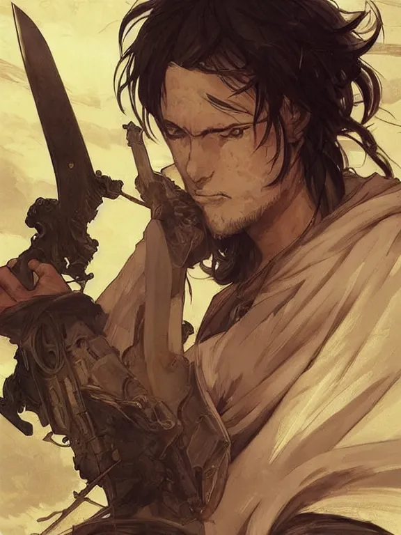 Image similar to close up picture of a saint sword man being tired at war. looking at the camera, cynical, bored, beautiful and aesthetic, intricate, unreal engine, messy hair, highly detailed, detailed face, smooth, sharp focus, chiaroscuro, manga illustration, artgerm, greg rutkowski, alphonse mucha, young adult light novel cover art