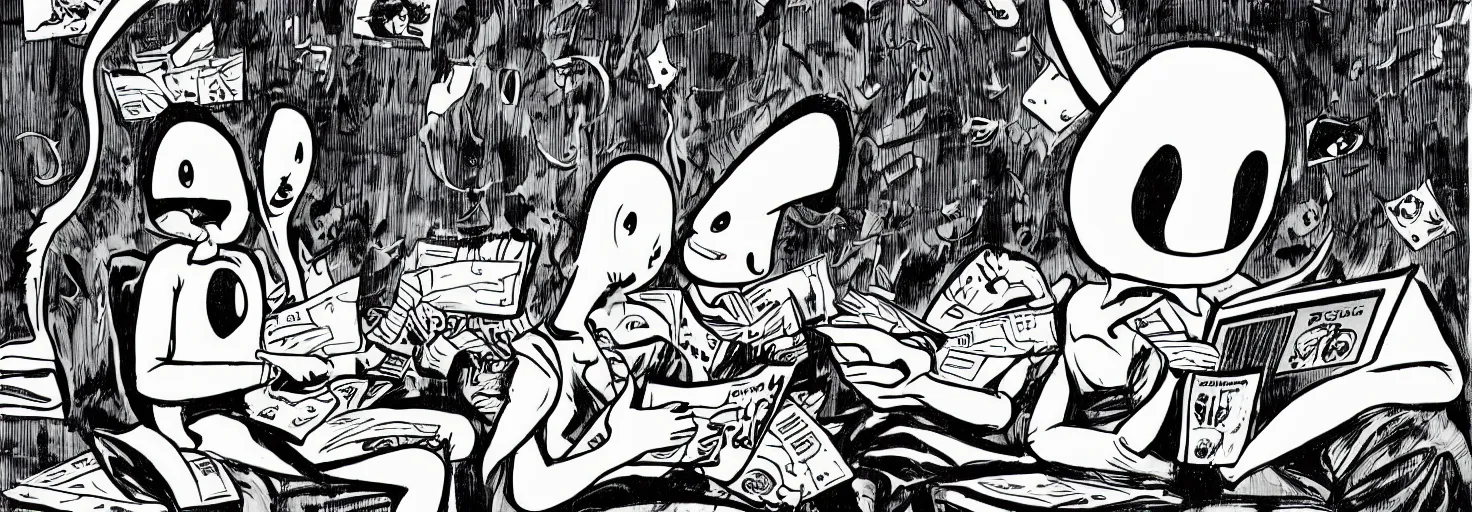 Prompt: a black and white photo of two aliens reading comic books, in the style of Gary Baseman, surreal, pulp, photorealism