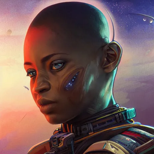 Image similar to african space pirate, science fiction, highly detailed, digital painting, beautiful eyes, symmetry, concept art, sharp focus, illustration, global illumination, radiant light, detailed and intricate environment, art by artgerm and greg rutkowski and magali villeneuve and ilya kuvshinov!