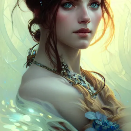 Prompt: Portrait of astonishingly beautiful girl, blue eyes, face, fantasy, intricate, elegant, highly detailed, digital painting, artstation, concept art, smooth, sharp focus, illustration, art by artgerm and greg rutkowski and alphonse mucha