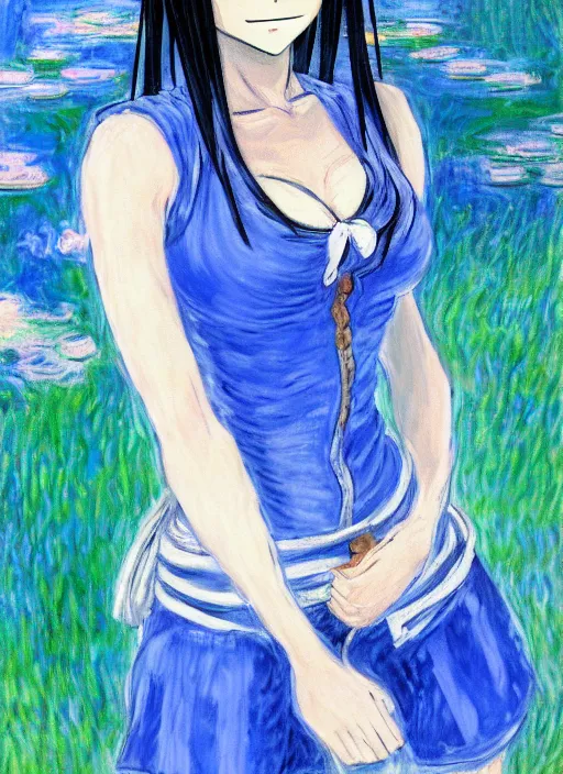 Prompt: a portrait of a female one piece character, blue outfit, very anime in impressionist style, trending artwork, anime painter studio, by claude monet