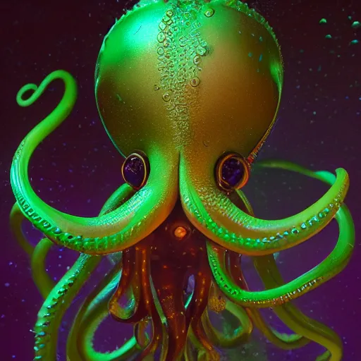 Image similar to tom bagshaw, ultra realist waves miniatures underwater curiosities squids carnival, a single very beautiful long tentacles in full underwater armor, symmetry accurate features, focus, very intricate ultrafine details, green purple aqua volumetric lights, award winning masterpiece, octane render 8 k hd