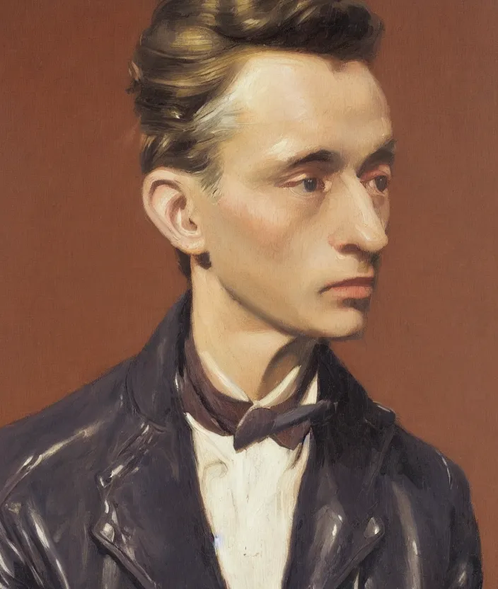 Prompt: a very detailed portrait of a man, wearing an 8 0 s jacket with big shoulder pads, very aesthetic leather jacket, detailed closeup of leather jacket, front view, in the style of edward hopper and oswald hornby joseph birley and susan ryder, very small brushstrokes, 4 k,