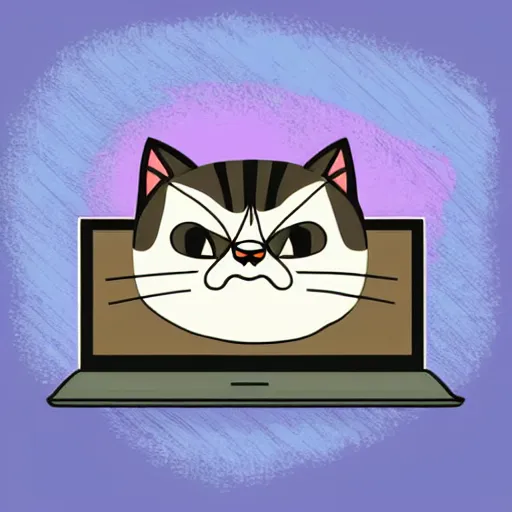 Image similar to vector illustration of a grumpy looking cat sitting on the keyboard of a laptop looking at me, digital art, cute, illustration, vector