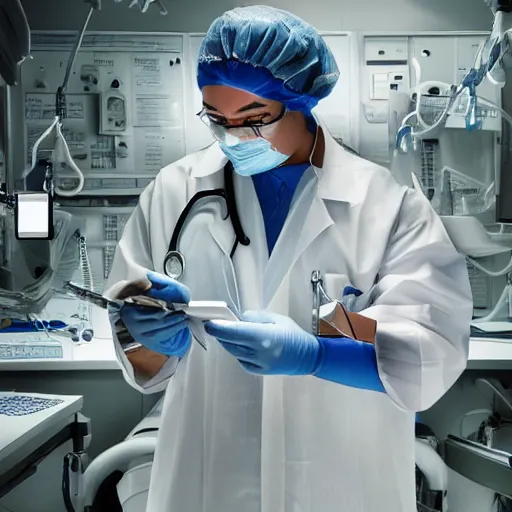 Prompt: ultra realistic and intricate detailed portrait photograph of a futuristic surgeon, standing inside operating room, full length, doctor, medicine, healthcare, technology, innovation, bright modern style, depth of field, ambient lighting, award winning, magazine cover