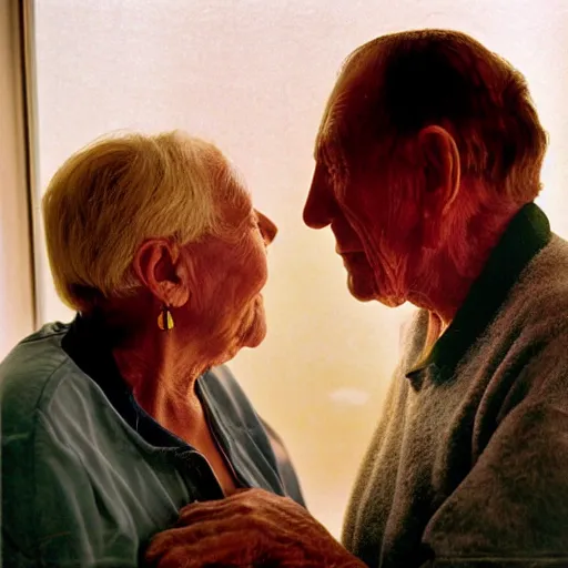 Image similar to a medium shot, colored studio photographic portrait of a old couple, dramatic backlighting from below, below light, kodachrome camera, kodachrome, with strong reds and greens, 1 9 9 9 photo from life magazine,