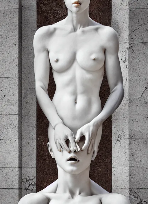 Image similar to a statue made of white marble with gold veins, of an beautiful gorgeous angel girl, full body shot, perfect symmetrical body, perfect symmetrical face, no eyes, hyper realistic, hyper detailed, fujicolor superia 1 6 0 0 photo, by johannen voss, by peter kemp, by monia merlo, by michelangelo octane render, blender, 8 k