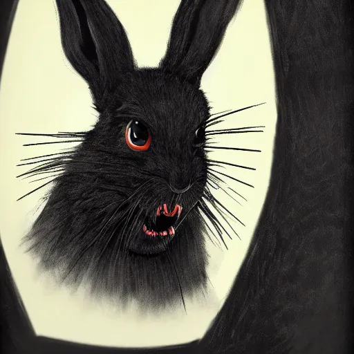 Image similar to A extremely highly detailed majestic hi-res beautiful, highly detailed head and shoulders portrait of a scary terrifying, horrifying, creepy black cartoon rabbit with scary big eyes, earing a shirt laughing, hey buddy, let's be friends, in the art style of Walt Disney