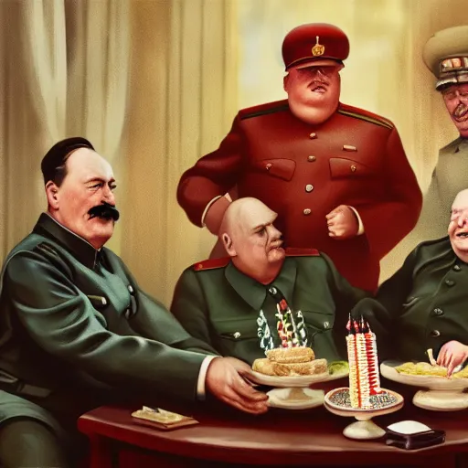 Image similar to Stalin, Churchill and Franklin Roosevelt having a wild birthday party, colorized, fantasy painting,hyperrealistic, highly detailed, depth of field, High definition, 8k, octane render, artstation