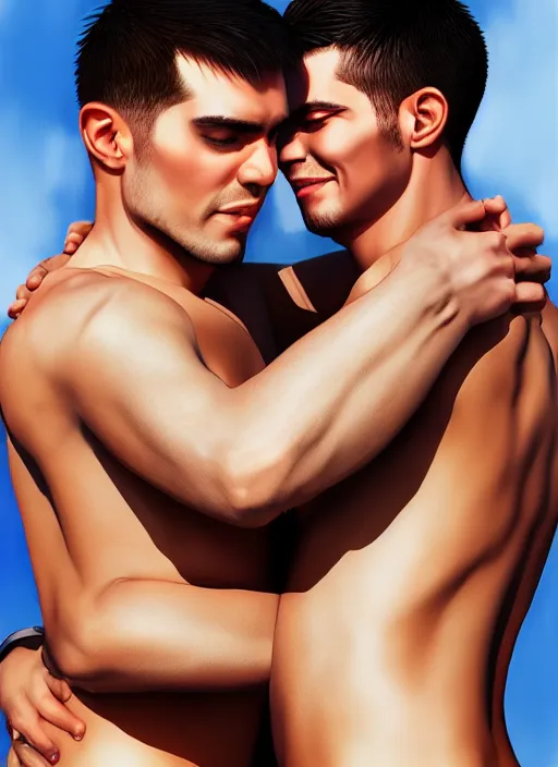 Image similar to photo of two handsome gay men hugging in the style of stefan kostic, realistic, sharp focus, 8 k high definition, insanely detailed, intricate, elegant, art by stanley lau and artgerm