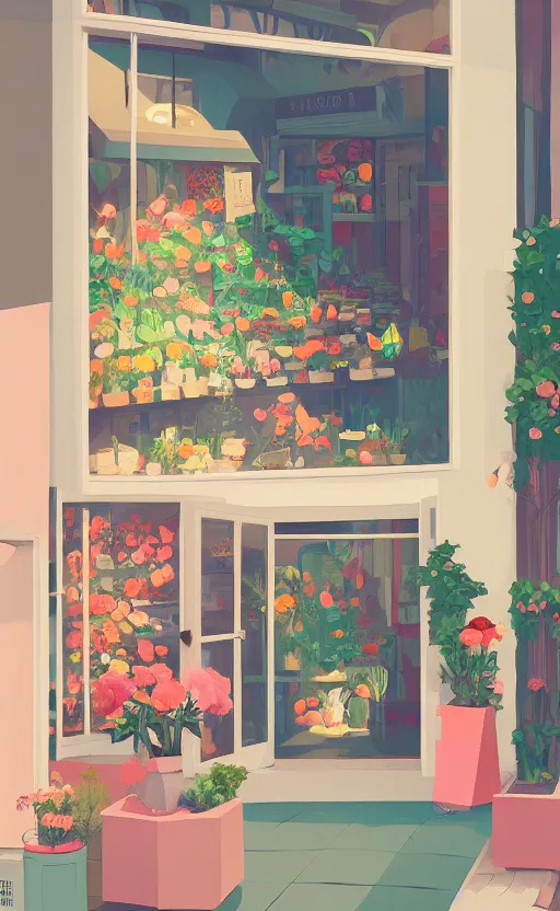 Prompt: cute cozy flower shop, surreal illustration, by atey ghailan and escher and edward hopper