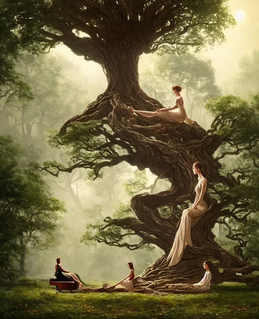 Image similar to woman playing a piano sitting on a giant tree, very detailed, 8k, maximized, ornate, masterpiece, complex, by Greg rutkowski, Alex Gray, surrounded by smoke