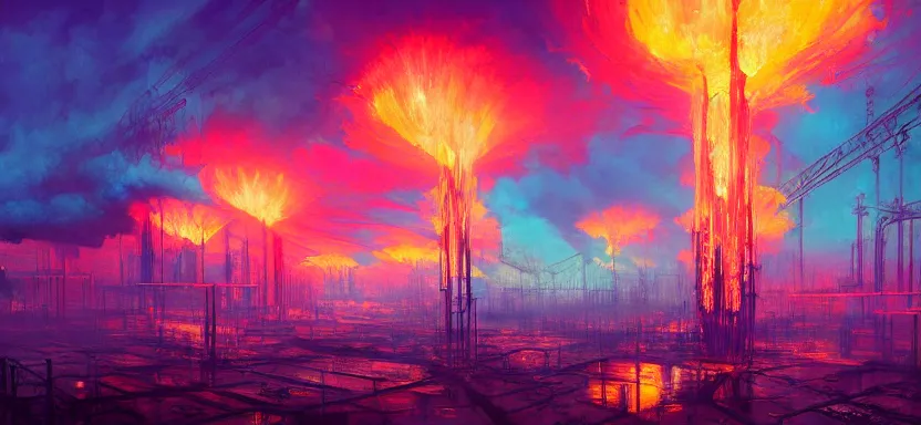 Image similar to beautiful masterpiece painting of a dystopian city in a future radioactive glowing swamp, biofuel oilfields burning extraction rig, by Remedios Varo and Anato Finnstark and Greg Rutkowski, dayglo pink, dayglo blue, by Craig Mullins, ilya kuvshinov, krenz cushart, artgerm, 8k, trending on ArtStation