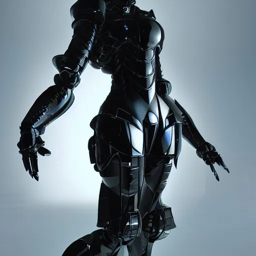 Image similar to a manga character in a futuristic room, black and shiny cyber armor, highly detailed, render, vray, octane, realistic lighting, by nihei tsutomu