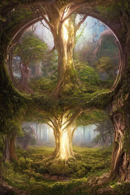 Image similar to tree of life, four seasons, volymetric light, highly detailed matte painting by ohrai, charlie bowater and mark brooks