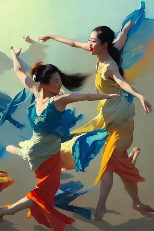 Image similar to greg manchess top angle shot of group of asian females dancing, organic painting, sunny day, matte painting, bold shapes, hard edges, street art, trending on artstation, by huang guangjian and ail elvgren and sachin teng, 8 k, high detail, fantasy art, dnd, artstation,