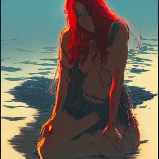 Prompt: a beautiful comic book illustration of a vampire woman with long red hair laying near a lake at night by Jerome Opeña and Greg Rutkowski, featured on artstation