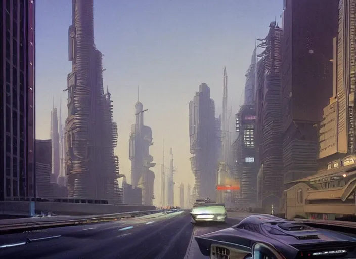 Image similar to a car driving down a street next to tall buildings the night at 1 pm, cyberpunk art by Chesley Bonestell, cgsociety, retrofuturism, matte painting, reimagined by industrial light and magic