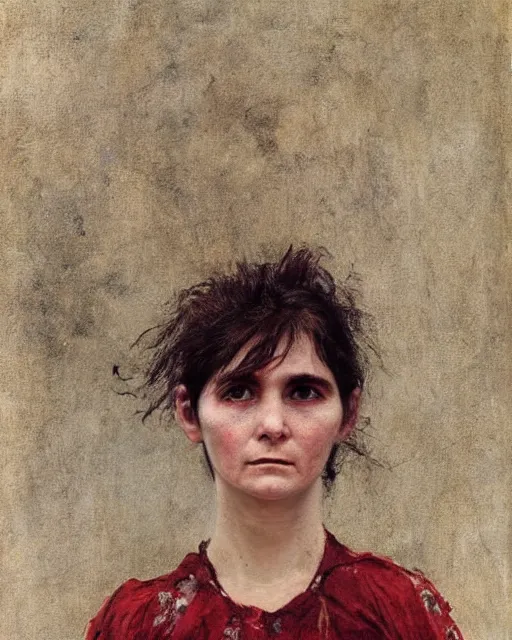 Image similar to a beautiful but sinister girl who looks like a young shirley henderson in dead space, with haunted eyes and crazy hair, horrifying, 1 9 7 0 s, seventies, delicate embellishments, a little blood, crimson, painterly, offset printing technique, by jules bastien - lepage