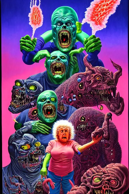 Image similar to a hyperrealistic painting of the epic final boss fight against mega grandma, cinematic horror by chris cunningham, lisa frank, richard corben, highly detailed, vivid color,