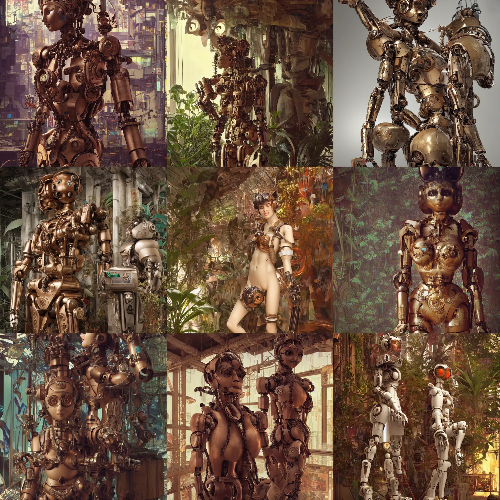 Prompt: 3 d octane render, ultra photorealistic, 8 k hyper detailed, a very very cute wooden roman statue robot of the anthropology, cat ears, cyberpunk, jungle, birds f cgsociety, in a contemporary art gallery, in neo tokyo, artwork by alphonse mucha