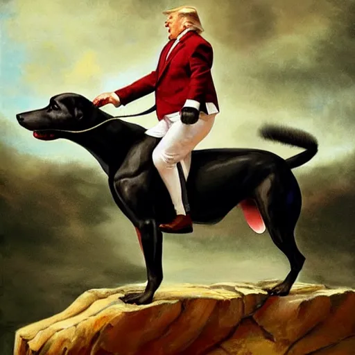 Prompt: Donald Trump riding on the back of a giant boxer dog with a saddle, oil painting highly detailed