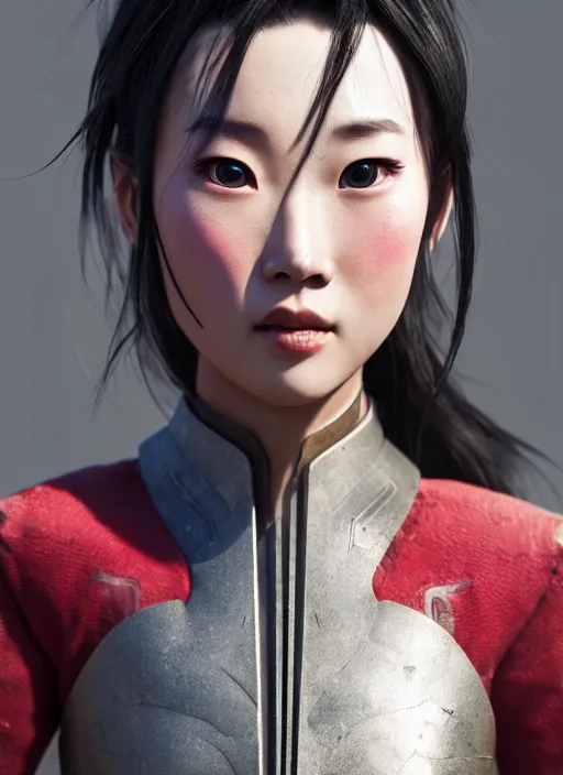 Prompt: Mulan wearing sculpted textured armor, close-up of the front of the face, super sophisticated texture, enhanced noise, by Guweiz and loish, split lighting, 4K resolution, symmetric, clear facial features, Unreal Engine 5,