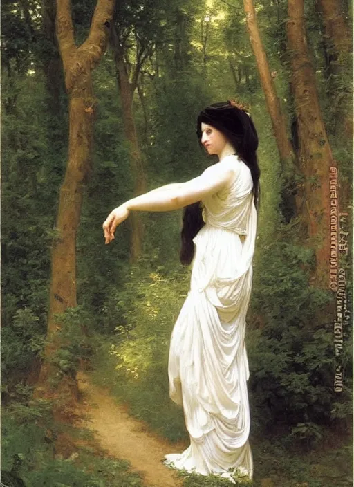 Image similar to a woman with long flowing hair and a flowing white dress in a forest by robert mccall, william - adolphe bouguereau