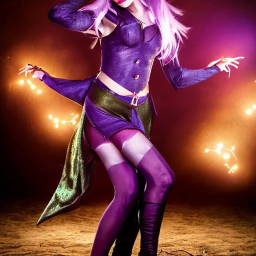 Image similar to high quality photograph of a woman cosplaying as a half-elf sorceress, purple hair, 35 years old, magical chaotic lights dance around her, dark and ominous background