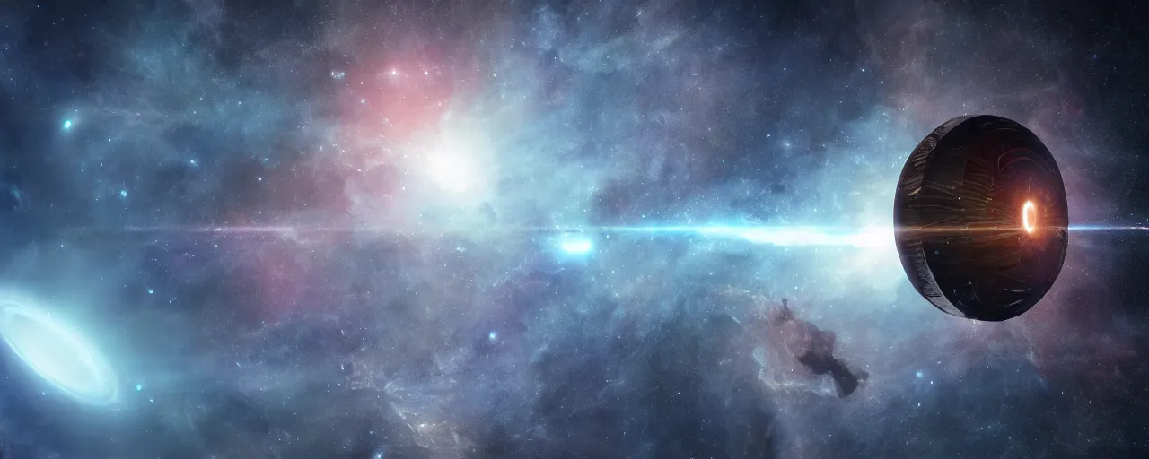 Image similar to movie still, thin horizontal nebula, a dark epic galaxy, space scene, dark scifi, unreal engine, octane render, detailed and intricate, global illumination, volumetric lighting, hubble telescope images, james webb telescope images, houdini fluid simulation, detailed and intricate environment