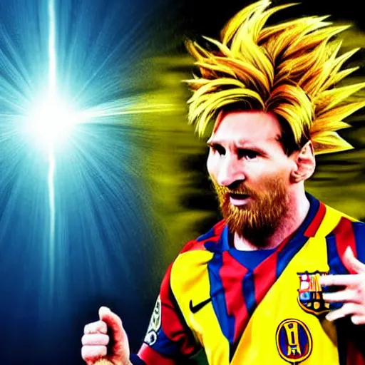 Prompt: Lionel Messi as legendary super Saiyan, as photograph