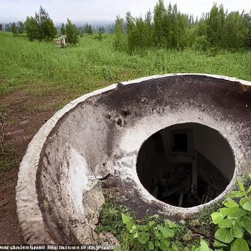 Image similar to a large funnel formed on the territory of an old village house in Russia as a result of a rocket hit where people gathered to photograph it