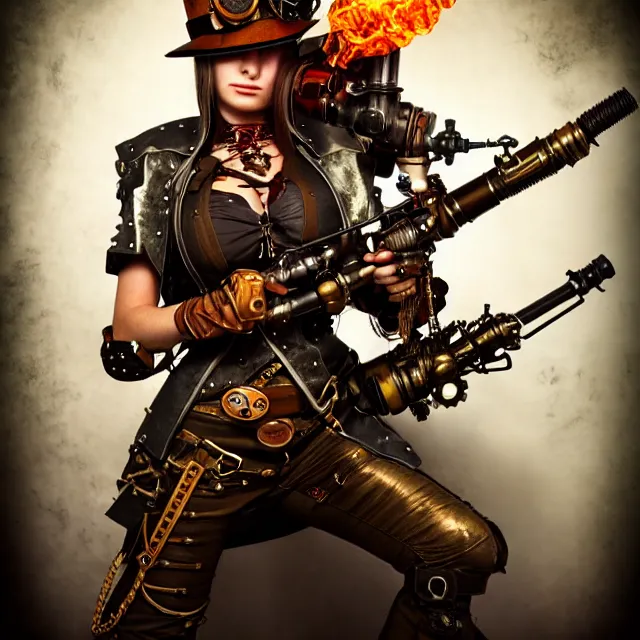 Image similar to steampunk warrior with a flamethrower, highly detailed, 4 k, hdr, smooth, sharp focus, high resolution, award - winning photo, anne stokes, photorealistic