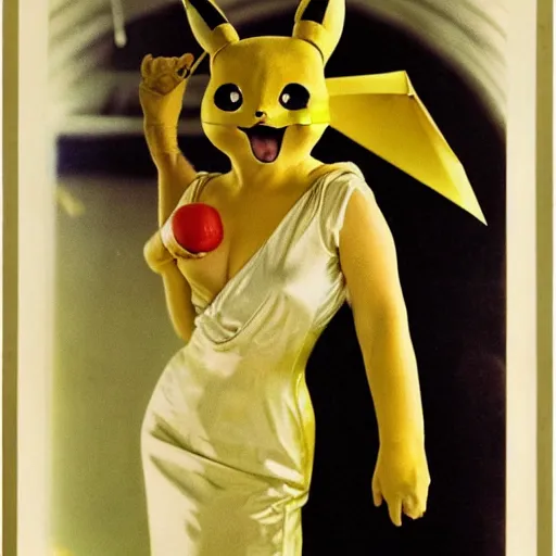 Image similar to elegant woman dressed up as pikachu, art photo by Annie Liebovitz and Alphonse Mucha, glossy, clean, old fashion
