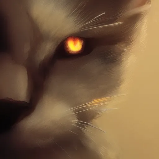 Prompt: close up of a cat's face, dramatic lighting, illustration by Greg rutkowski, yoji shinkawa, 4k, digital art, concept art, trending on artstation