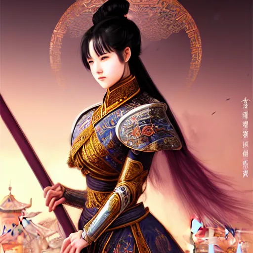 Image similar to portrait black hair young knights of Dynasty Warriors girl, rose golden color armor, in ruin chinese palace rooftop sunrise, ssci-fi and fantasy, intricate and very beautiful and elegant, highly detailed, digital painting, soft light, artstation, concept art, smooth and sharp focus, illustration, art by tian zi and WLOP and alphonse mucha